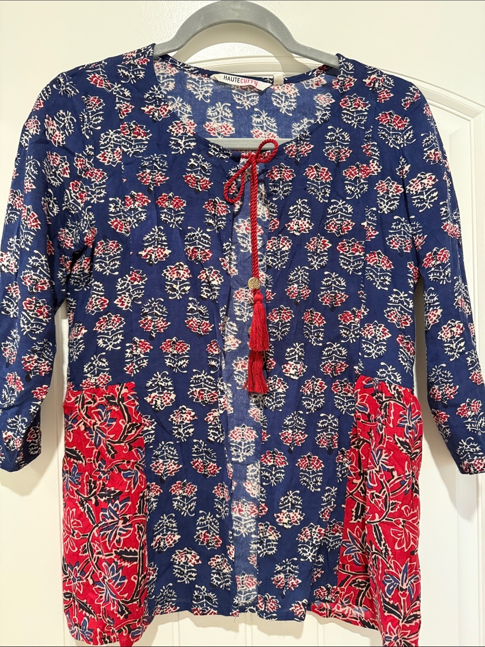 Haute Curry Navy Red Floral Tie Front Tunic Top